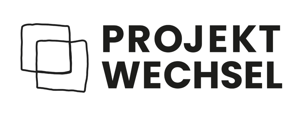 Zwei gezeichnete Rechtecke versetzt übereinander liegend mit Projektwechsel Schriftzug als Logo