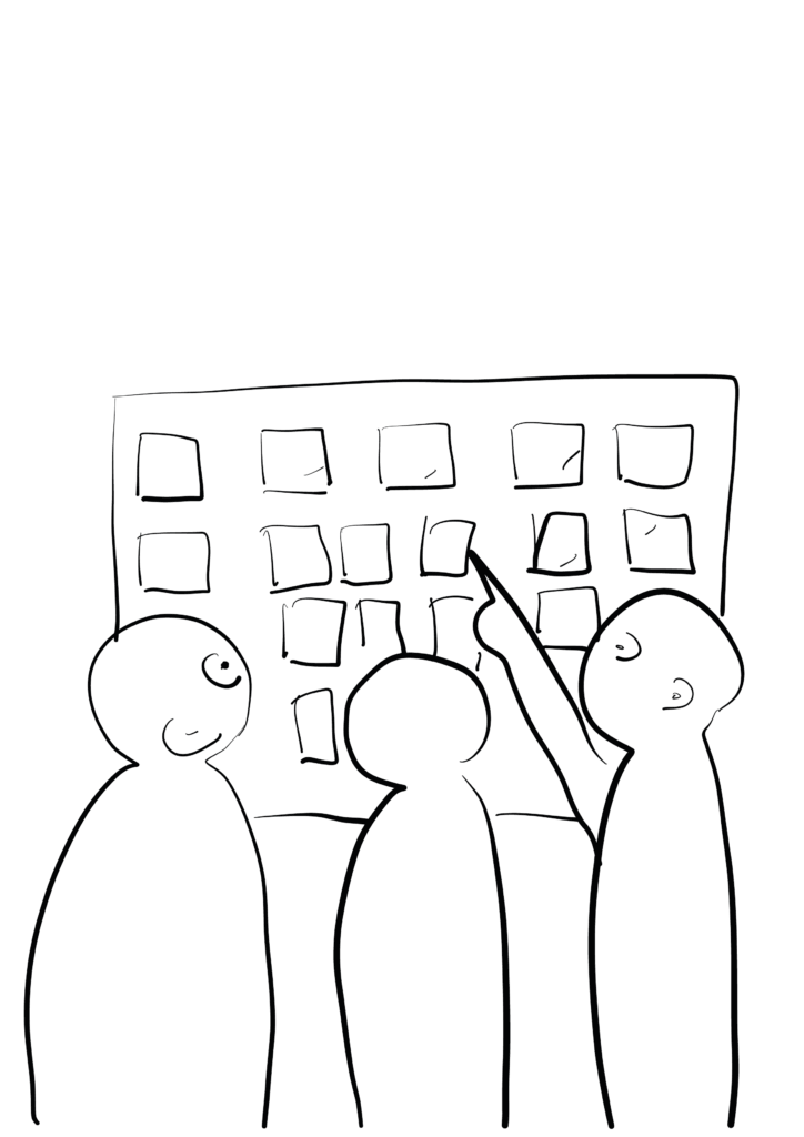 Illustration in schwarz-weiß von drei Personen die vor einer Pinnwand mit vielen Post-its stehen für Trainings in Design Thinking