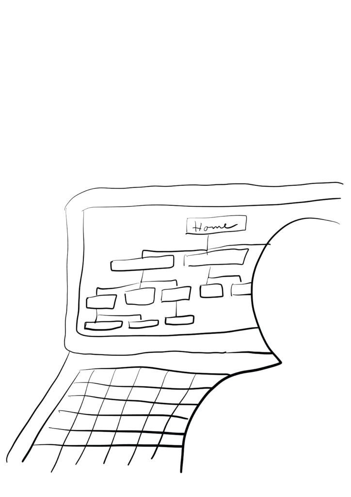 Schwarz-weiß Zeichnung eines Laptops mit Sitemap für Trainings in UX & Barrierefreiheit